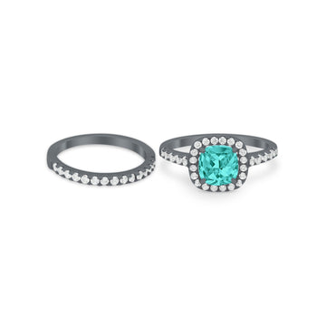 Two Piece Cushion Art Deco Wedding Ring Black Tone, Simulated Paraiba Tourmaline CZ 925 Sterling Silver